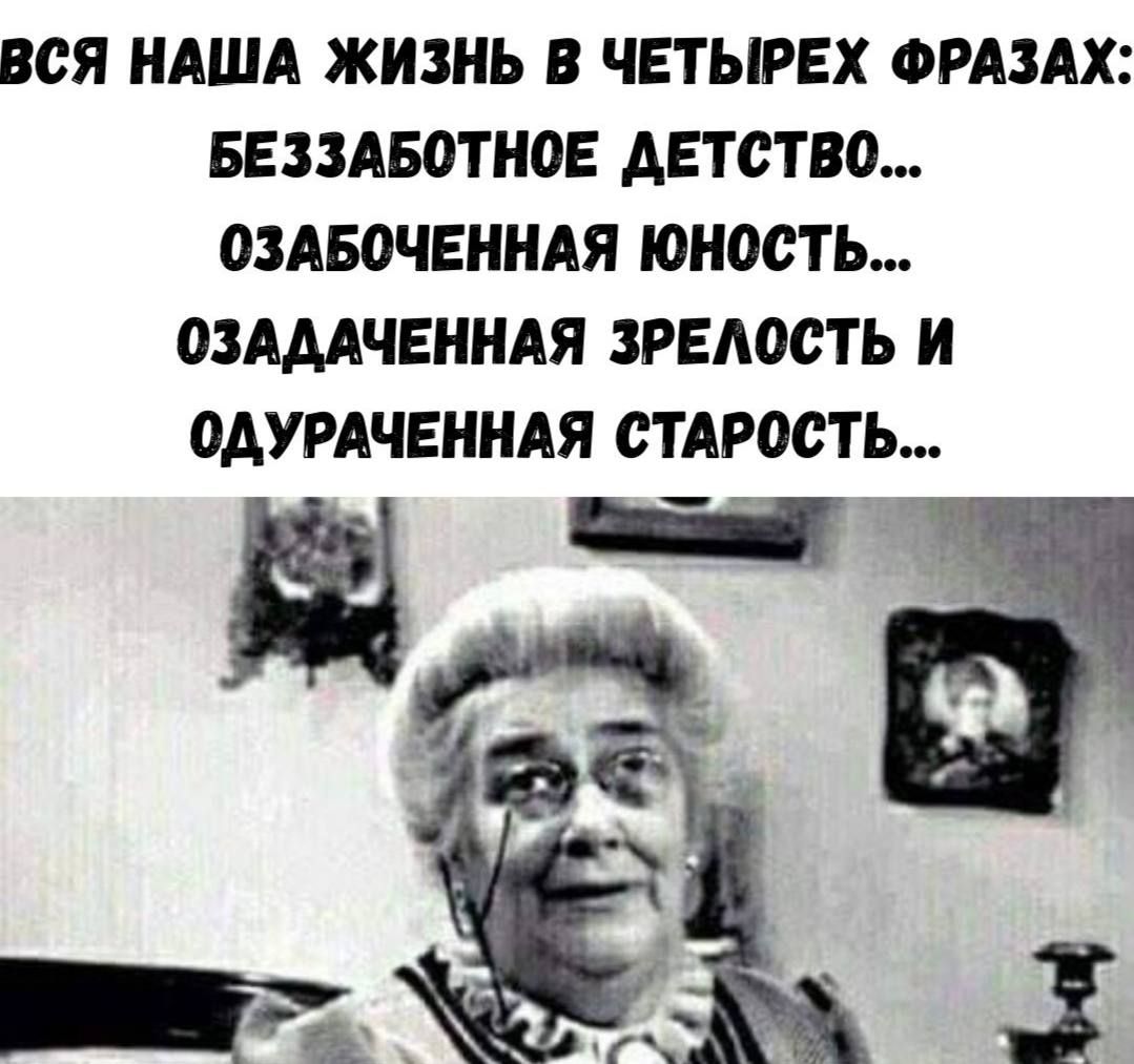Вся наша жизнь в четырех фразах: беззаботное детство... озабоченная юность... озадаченная зрелость и одураченная старость...