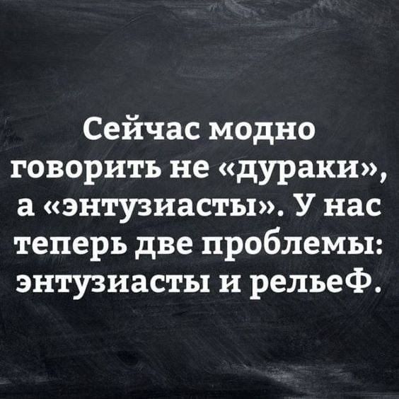 Сейчас модно говорить не «дураки», а «энтузиасты». У нас теперь две проблемы: энтузиасты и рельеф.