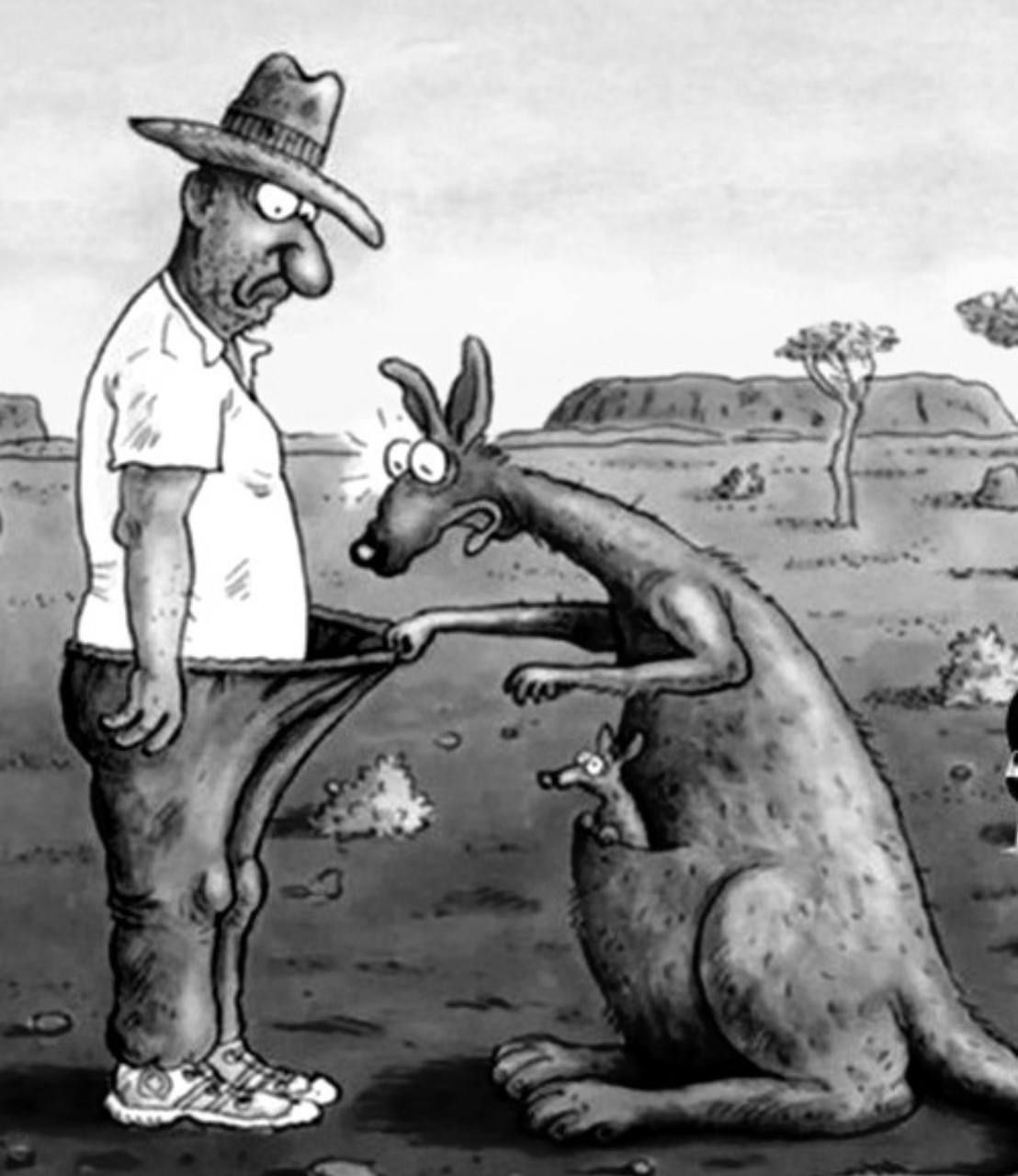 Карикатура с мужчиной в шляпе и кенгуру на пустынном фоне