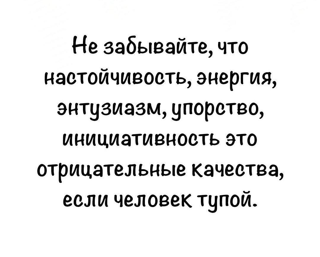 Не забывайте, что настойчивость, энергия, энтузиазм, упорство, инициативность это отрицательные качества, если человек тупой.