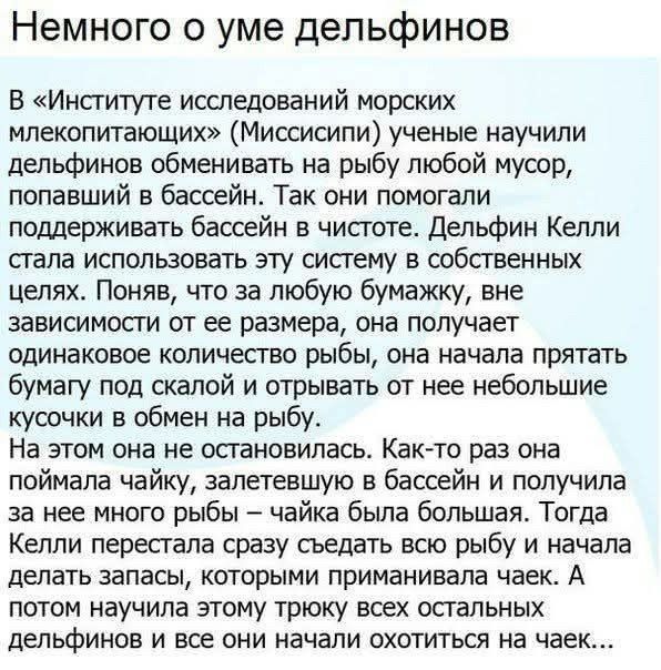 Немного о уме дельфинов. В Институте исследований морских млекопитающих учёные обучили дельфинов обменивать мусор на рыбу. Дельфин Келли стала использовать это: за любую бумажку получала рыбу, прятала её и обменивала на большее количество рыбы. Потом научила остальных.