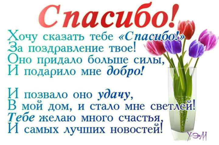 С пасибо Хочу сказать тебе Спасиба За поздравление твое Оно придало больше силы И подарило мне добро И позвало оно удачу В мой дом и стало мне светл и Тебе желаю много счастья И самых лучших новостейі ЭМ
