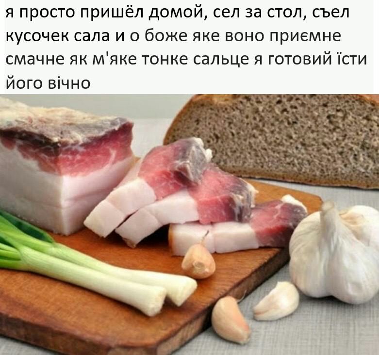 я просто пришёл домой сел за стол съел кусочек сала и о боже яке воно приемне смачне як мяке тонке сальце я готовий сти його вічно