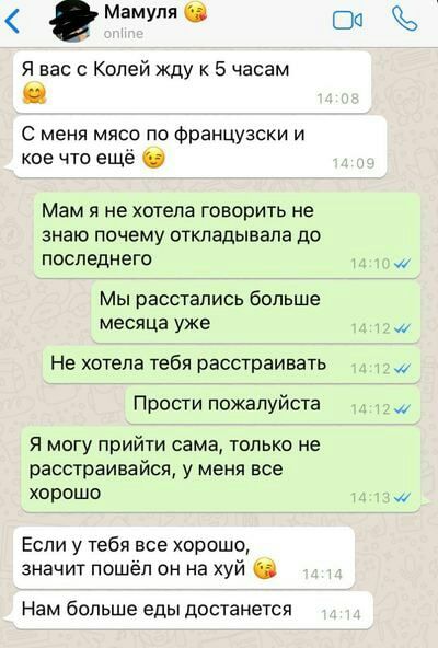 Мамупп О Я вас Колей Жду к 5 часам С меня мясо по Французски и кое что еще 0 Мам я не хотела говорить не знаю почему откладывапа до ПОСПЭДНЕГО Мы расстались больше месяца уже Не хотела тебя расстраивать Прости пожалуйста я могу прийти сама только не расстраивайся у меня все хорошо Если у тебя все хорошо значит пошёл он на хуй Нам больше еды достанется