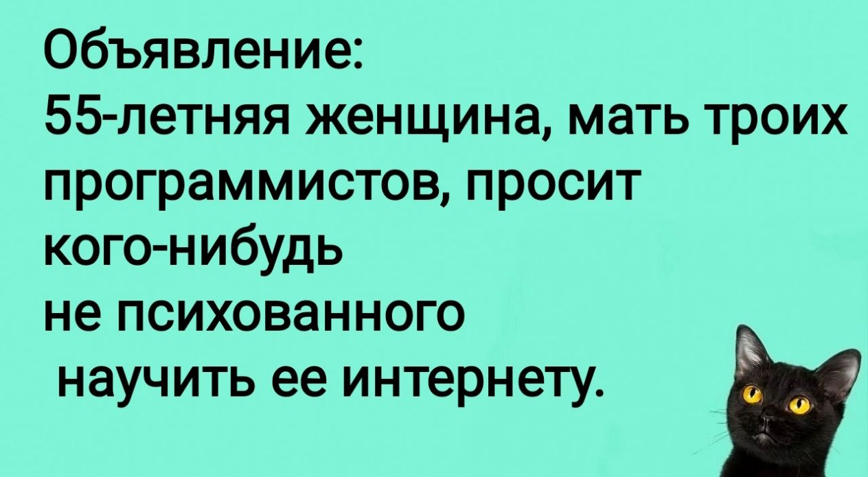 Объявление 55 летняя женщина мать троих программистов просит кого нибудь не психованного научить ее интернету Н