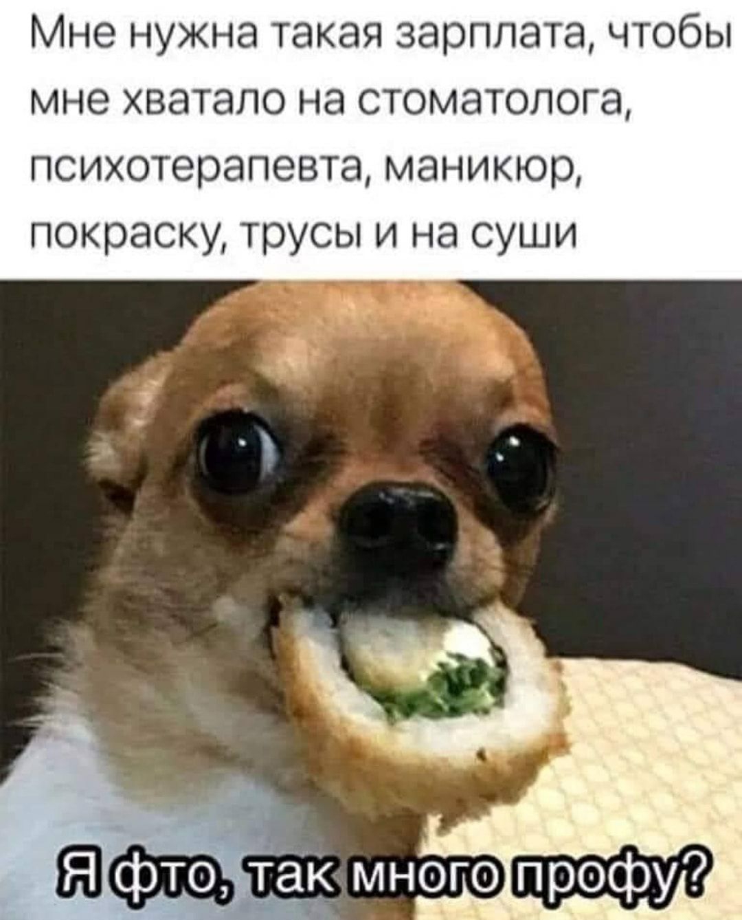 Мне нужна такая зарплата чтобы мне хватало на стоматолога психотерапевта маникюр покраску трусы и на суши