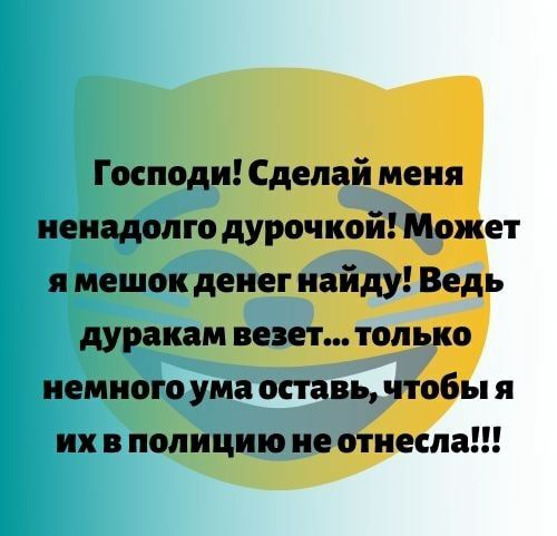 Господи Сделай меня ненадолго дурочкой Может я мешок денег найду Ведь дуракам везет только немного ума оставь чтобы я их в полицию не отнесла