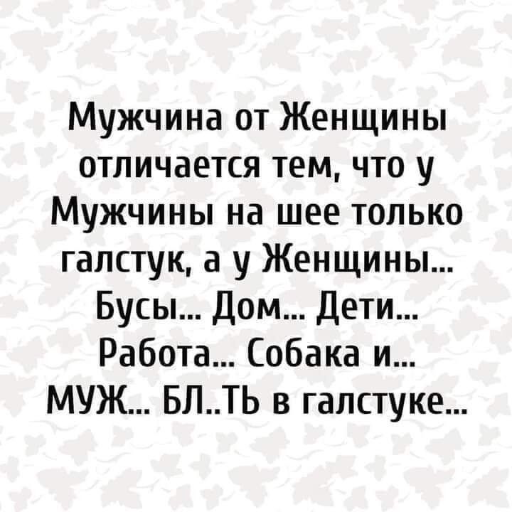 Мужчина от Женщины отличается тем что у Мужчины на шее только галстук а у Женщины Бусы Дом Дети Работа Собака и МУЖ БЛТЬ в галстуке
