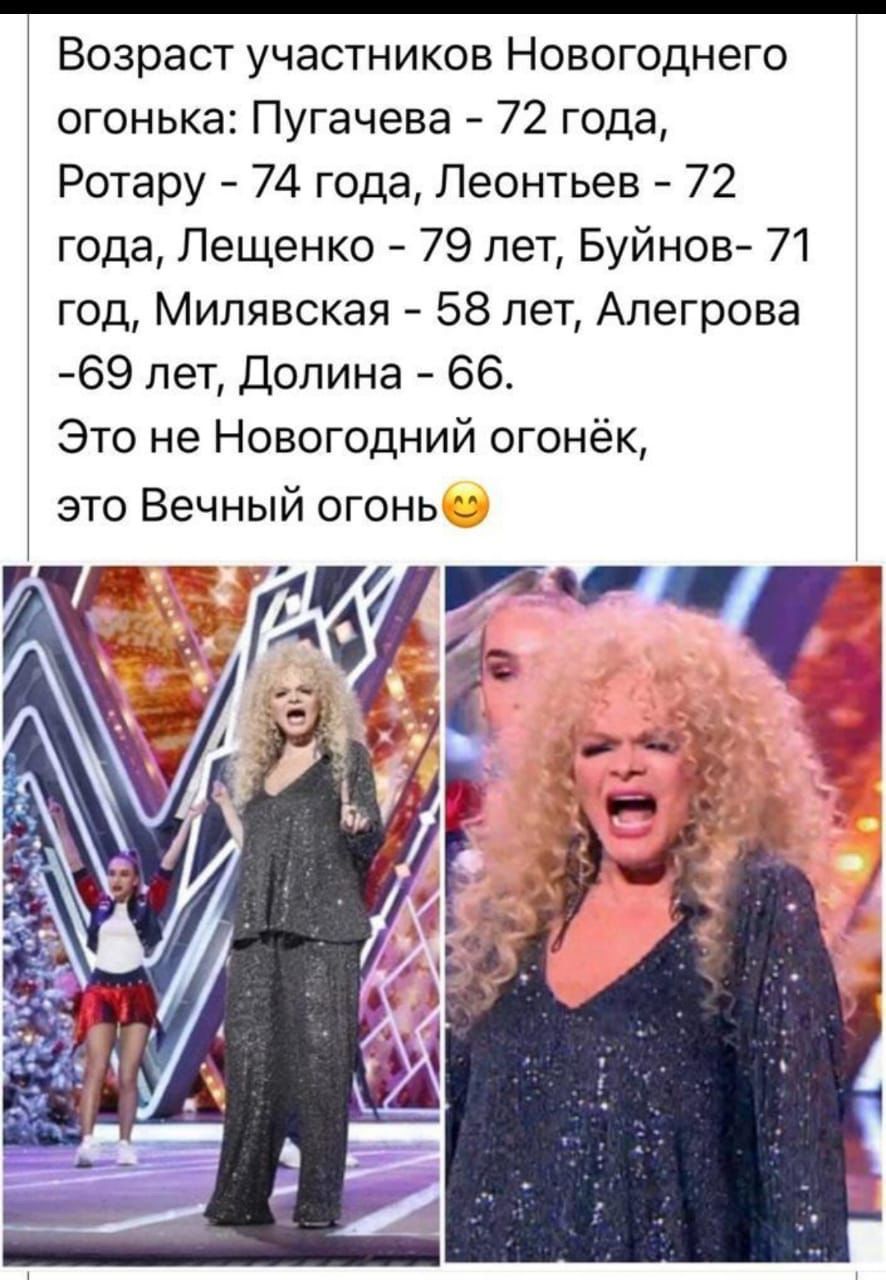 Возраст участников Новогоднего огонька Пугачева 72 года Ротару 74 года Леонтьев 72 года Лещенко 79 лет Буйнов 71 год Милявская 58 лет Алегрова 69 лет Долина 66 Это не Новогодний огонёк ЭТО Вечный ОГОНЬ 3 с с _ Ё
