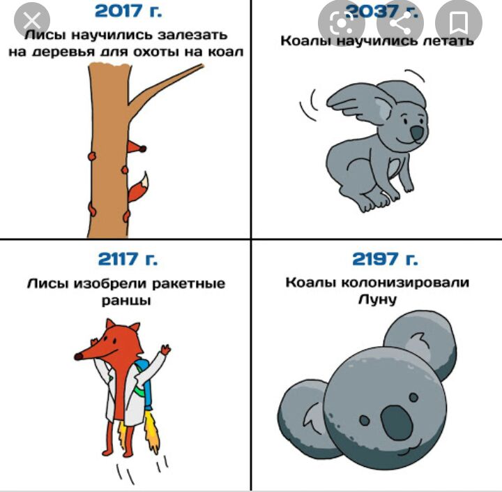 а 2017 Г сы научились залезать Коап д на деревья для охоты на коал 2117 г 2187 г Лисы изобрели ракетные Коапы колонизировали ранцы Луиу