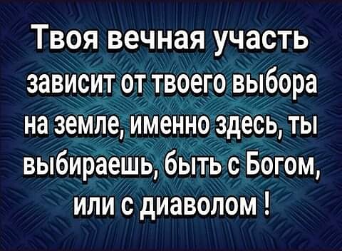 Твоя вечная участь зависит от твоего выбора на земпе именно здесь ты выбираешь бытьдс Богом или с диаволом