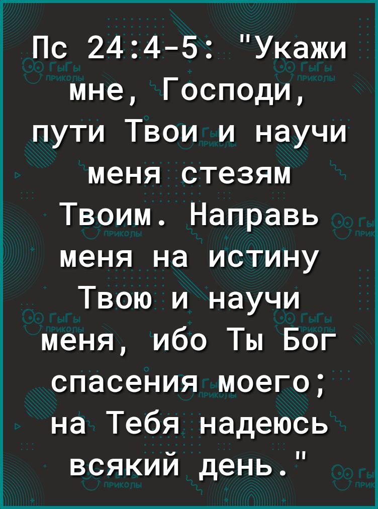 Пс 2445 Укажи мне Господи пути Твои и научи меня стезям Твоим Направь меня на истину Твою и научи меня ибо Ты Бог спасения моего на Тебя надеюсь всякий день