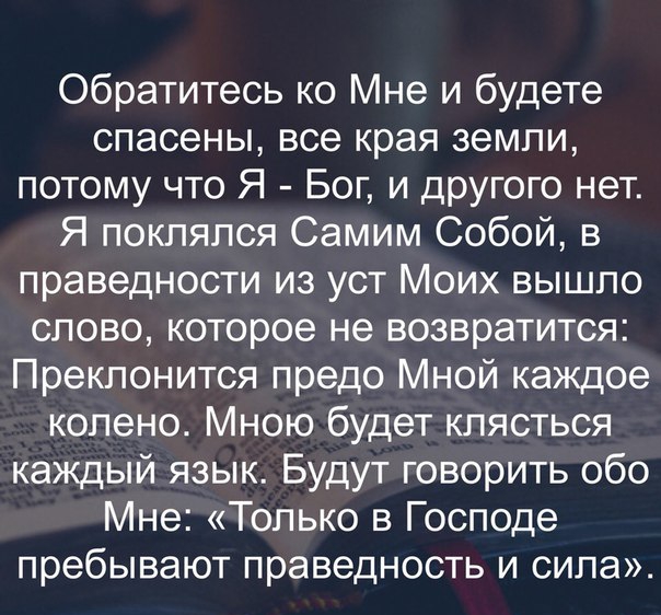Обратитесь ко Мне и будете спасены все края земли потому что Я Бог и другого нет Я поклялся Самим Собой в праведности из уст Моих вышло слово которое не возвратится Преклонится предо Мной каждое колено Мною будет клясться каждый язык Будут говорить 060 Мне Только в Господе пребывают праведность и сила