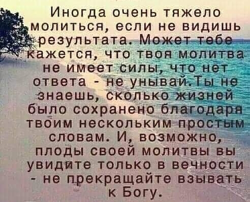 Иногда очень тяжело молиться если не видишь результата Может396 ажется что твоя молитв не имеет сиПы что нёт ответа не уньів было сохранено благодаря твбим нескольким придти словам И возможно плоды своей молитвы вы увидите только в вечности не прекращайте взЬпі к Богу