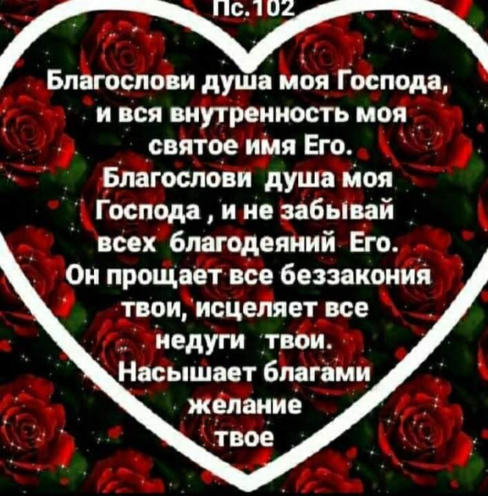 Благослови душа моя Господа и вся внутренность моя святое имя Его Благослови душа моя Господа и не забывай всех благодеяний Его Он прощвет все беззакония твоиисцеляет все недуги дтвои Насышает благами желание твое