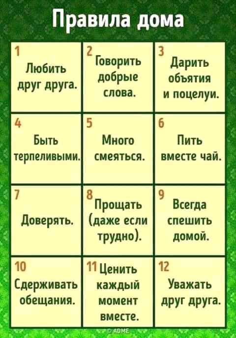 Правила дома 1 3 Любить глаз дайри о ъяти друг друга Слова и поцелуи Быть Много Пить терпеливымш смеяться вместе чай 8 Прощать Всегда доверять даже если спешить трудиоі домой Сдерживать каждый Уважать обещания момент друг друга вместе