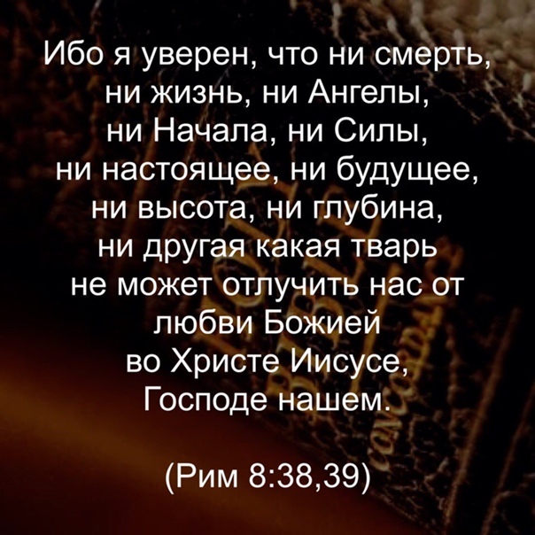 Ибо я уверен что ни смерть ни жизнь ни Ангелы ни Начала ни Силы ни настоящее ни будущее ни высота ни глубина ни другая какая тварь не может отлучить нас от любви БоЖией во Христе Иисусе Господе нашем Рим 83839
