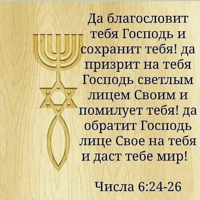 Да благословит тебя Господь И охранит тебя да призрит на тебя Господь светлым лицем Своим И помилует тебя да обратит Господь лице Свое на тебя и даст тебе мир Числа 624 26