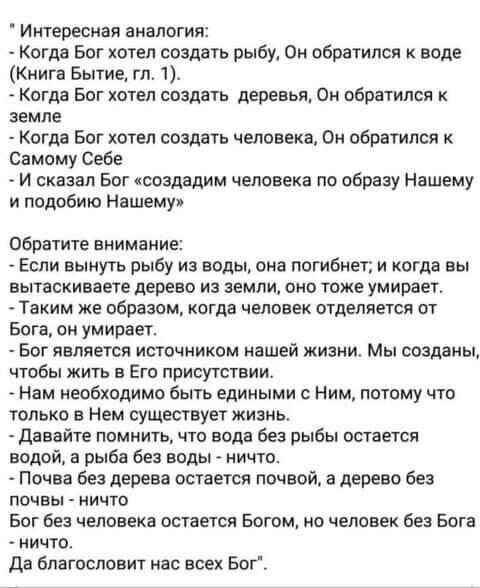 Интересная аналогия Когда Бог хотел создать рыбу Он обратился к воде Книга Бытие гл 1 Когда Бог хотел создать деревья Он обратился земле Когда Бог хотел создать человека Он обратился к Самому Себе И сказал Бог ксоздадим человека по образу Нашему и подобию Нашему Обратите внимание Если вынуть рыбу из воды она погибнет и когда вы вытаскиваете дерево из земли оно тоже умирает Таким же образом когда ч