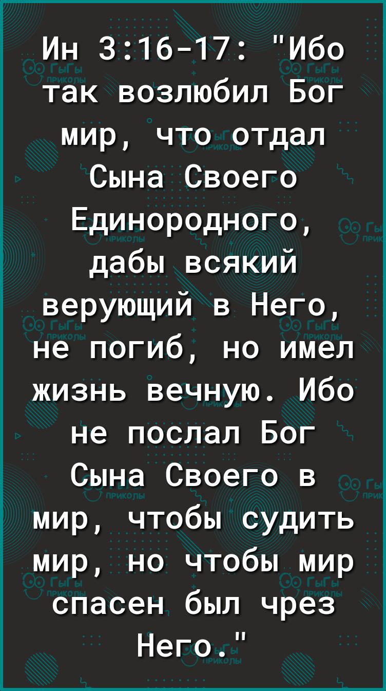 Ин 31617 Ибо так возлюбил Бог мир что отдал Сына Своего Единородного дабы всякий верующий в Него не погиб но имел жизнь вечную Ибо не послал Бог Сына Своего в мир чтобы судить мир но чтобы мир спасен был чрез Него