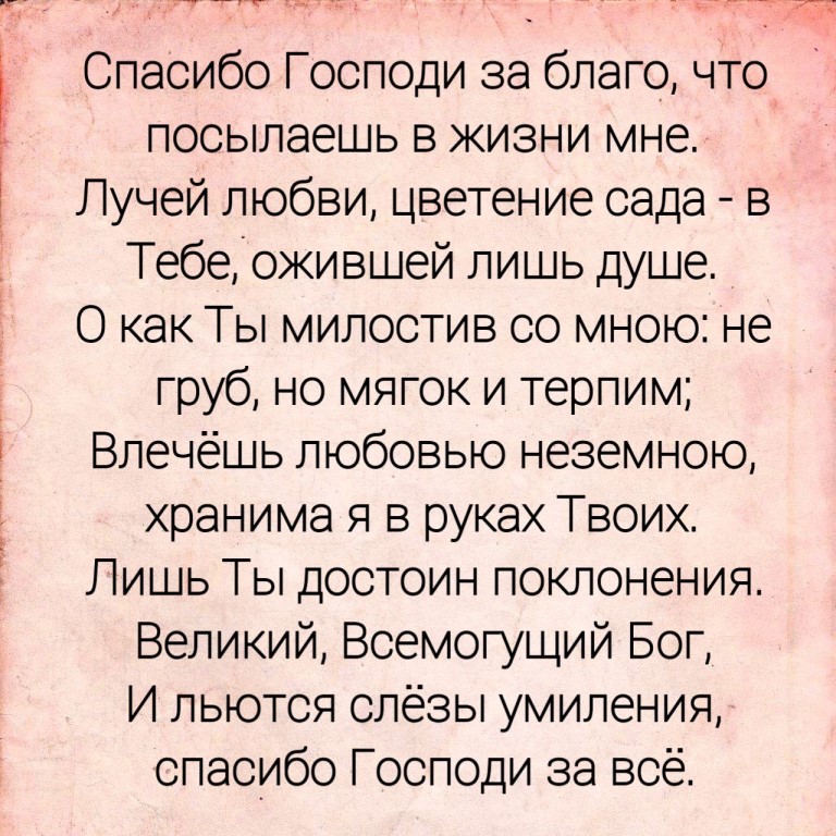 Спасибо Господи за благо что посылаешь в жизни мне Лучей любви цветение сада в Тебеокившей лишь душе О как Ты милостив со мною не груб но мягок и терпим Влечёшь любовью неземною хранима я в руках Твоих Лишь Ты достоин поклонения Великий Всемогущий Бог И льются слёзы умиления спасибо Господи за всё