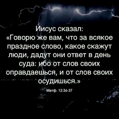 Йисус сказал Говорю Же вам что за всякое праздное Слово какое скажут люди дадУт они ответ в день суда ибо от слов своих оправдаешься и от слов своих осудишься_ Миф 1235 17