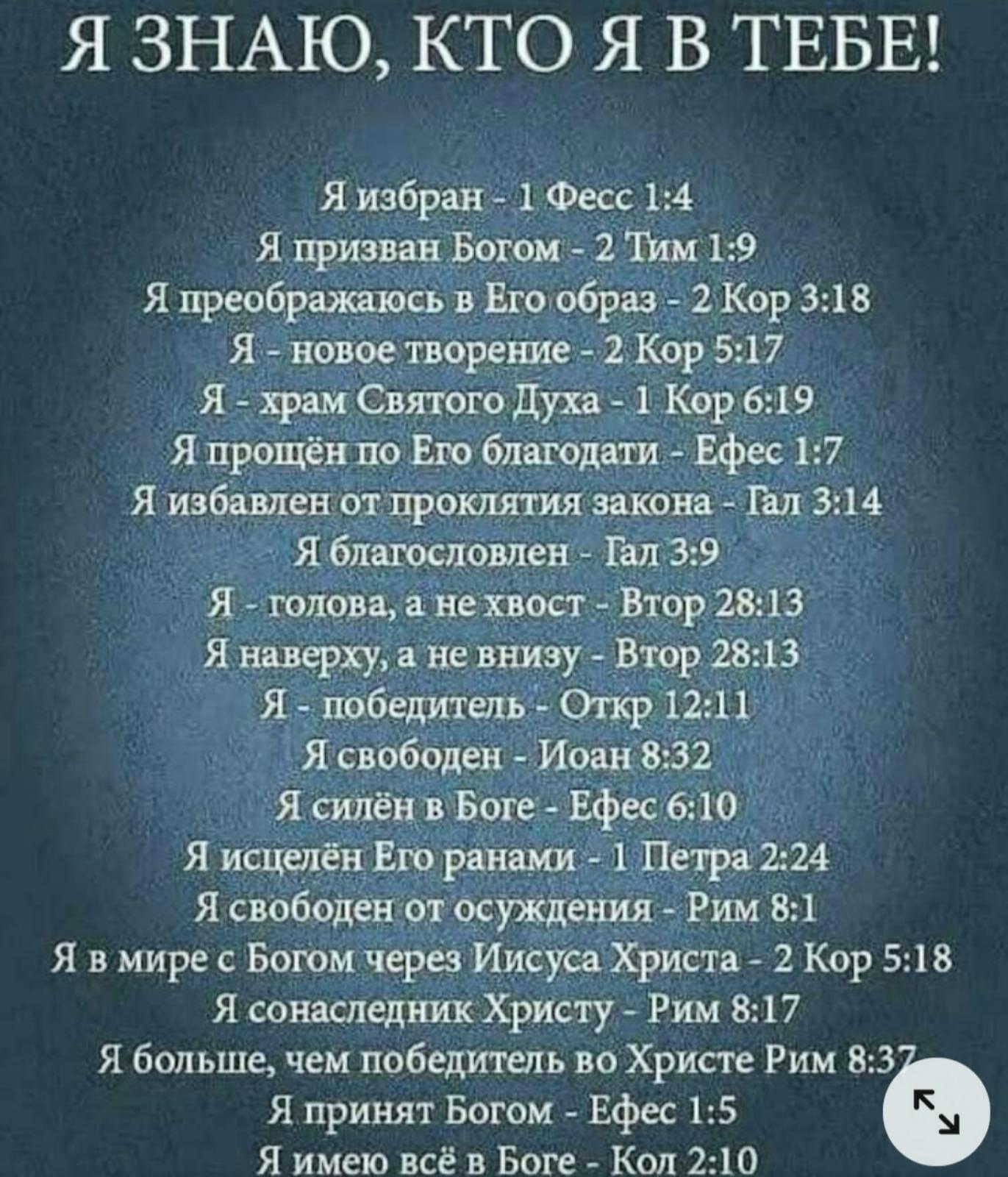 Я ЗНАЮ КТО Я В ТЕБЕ Я избран 1 Фесс 14 Я призван Богом 2 Тим 19 Я преобрщюсъ в Его образ _2 Кор 318 Я н0вое творение 2 Кор 5 17 Я храм Святого ДУха 1 Кор 619 Я прошёл по Еро блёгбдатиэ Ефес 1 7 Я избавлен от ирокшш закона Шёл 314 __ Я благословлен Галз _9 Я голова не Хвост Втор 2813 Я наверху а не внизу Втор 2813 Я победитель Откр 12 11_ Я свободен Иоан 8 32 Я силён в Боге _ Ёфес 6 10 Я исцелён Ег