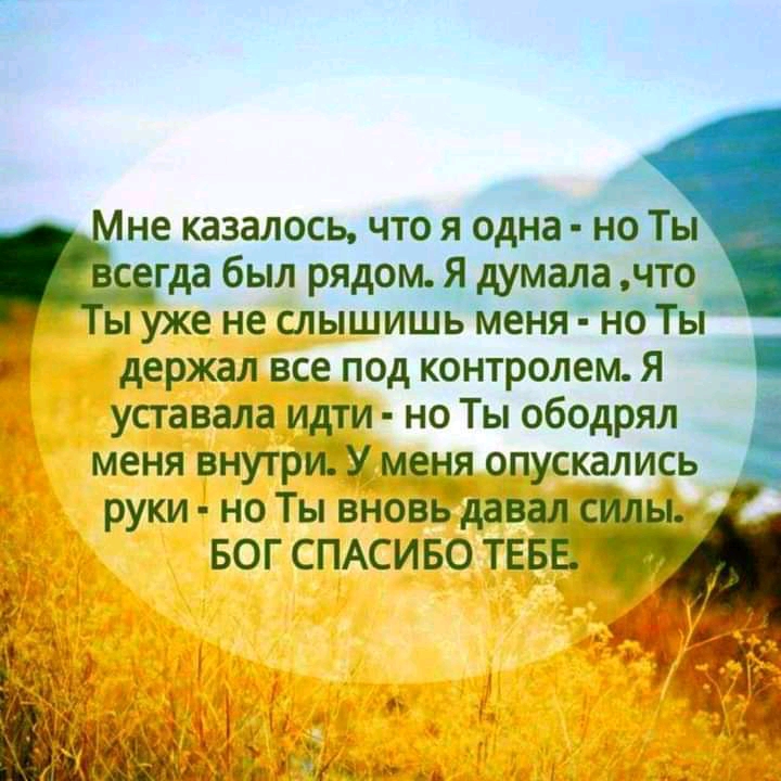 не казалось что я одна дно Т Зета был рядом ддумад __что ы уже не слышишь меня н держал все под контролем Я уставала идти но Ты ободрял _ меня внутри У меня опускались руки но Ты вновь давал силы БОГ СПАСИБО ТЕБЕ