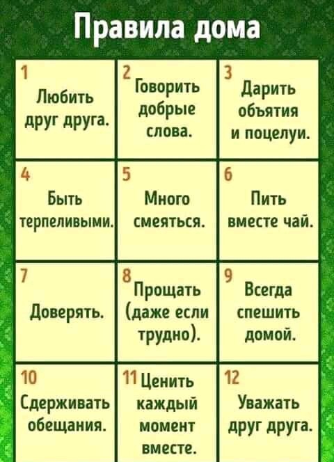Правила дома 1 3 Любить 2253 Дбарип о ъяти друг друга Слова и поцелуи Быть Много Пить терпеливыми смеяться вместе чай 8 Прощать Всегда Доверять даже если спешить трудиоі домой 10 11 Ценить 12 Сдерживать каждый Уважать обещания момент друг друга вместе
