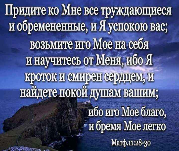 Придите ко Мне все труждающиеся и обремененные и Я успокою вас возьмите иго Моенагсебя и научитесь от Мёняибо Я _ найдете ПОКОй душам ВЩШШ ибо ше Мое блаю и бремя Мое легко Матф1128 30