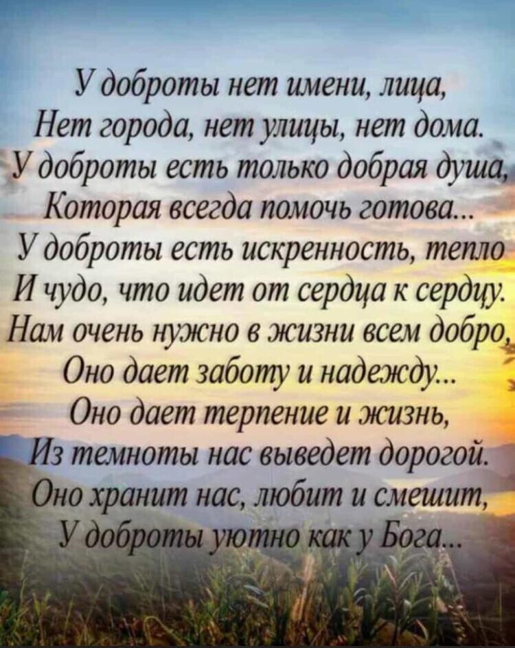 У доброты нет имени лица Нет города нет улицы нет дома _ У доброты есть только добрая душщ Которая всегда помочь готова У доброты есть искренность тепло И чудо что идет от сердца к сердцу Нам очень нужно в жизни всем добро Оно дает заботу и надежду Оно дает терпение и жизнь _ 3 темноты нас выведет дорогой