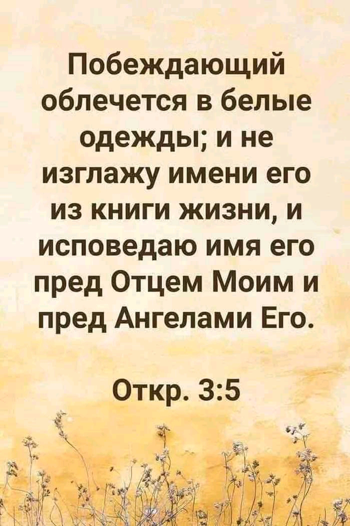 Побеждающий облечется в белые одежды и не изглажу имени его из книги жизни и исповедаю имя его пред Отцем Моим и пред Ангелами Его