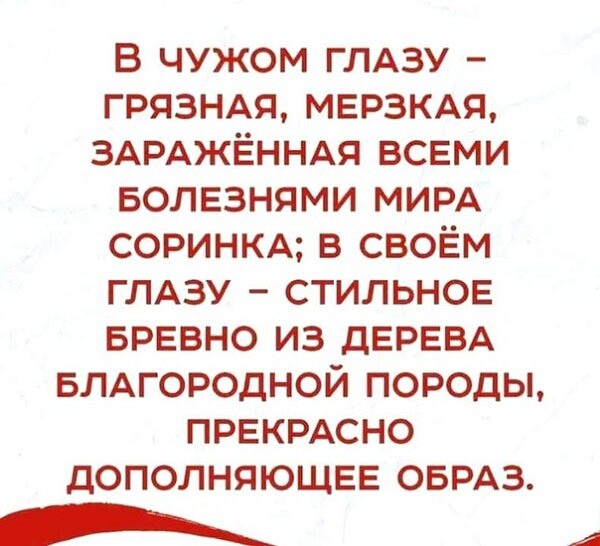 в чужом глдзу ГРЯЗНАЯ МЕРЗКАЯ ЗАРАЖЁННАЯ всеми Болезнями МИРА СОРИНКА в своём ГЛАЗУ стильное БРЕВНО из ДЕРЕВА влдгородной породы ПРЕКРАСНО дополняющев ОБРАЗ