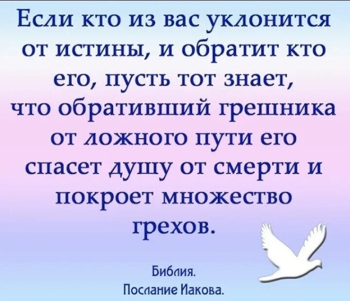 Если кто из вас уклонится от истины и обратит кто его пусть тот знает что обративший грешника от ложного пути его спасет душу от смерти и покроет множество ехов Гр Библия у Послание Иакова