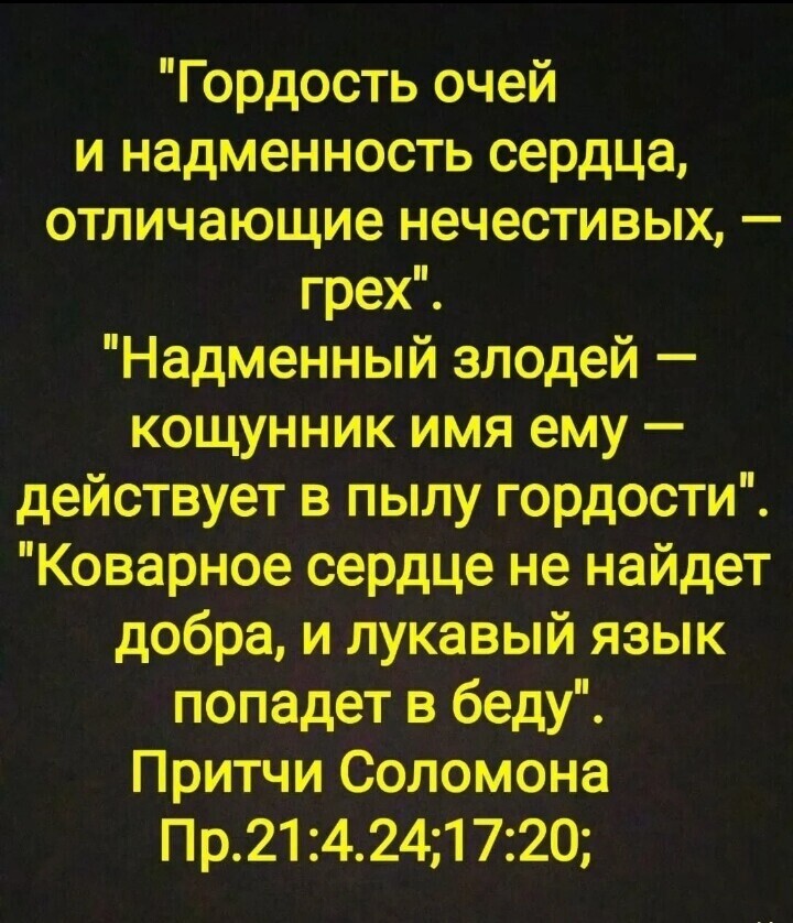 Гордость очей и надменность сердца отличающие нечестивых грехЁ Надменный злодей кощунник имя ему действует в пылу гордости Коварное сердце не найдет добра и лукавый язык попадет в беду ПритчиСоломона Пр214241720
