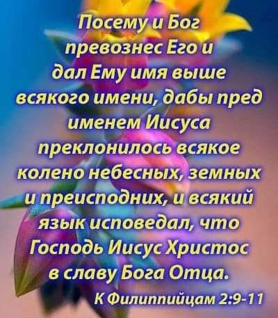 прев зн Егои дал Ему им выше _всякого имени дабы пред именем Иисуса преклонилось всякое чп КОЛЕНО небесных земных _ Господь ШЭ5 Христос в славу Бога Отца К Филиппийцам 29 1 1 А _п г