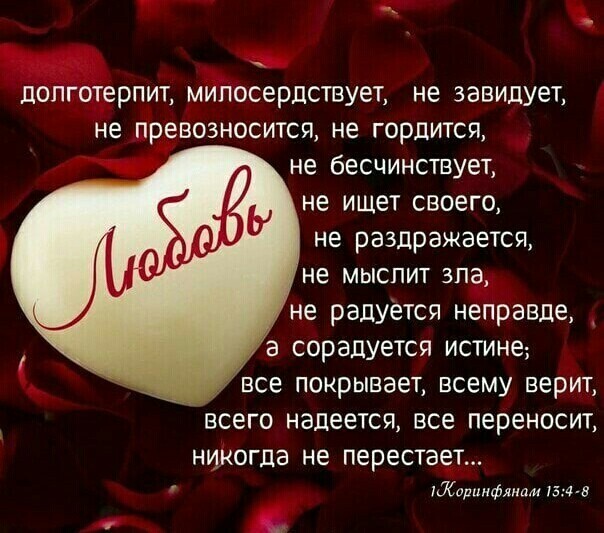 допготерпит милосердствует не завидует не превозносится не гордится не бесчинствует не ищет своего не раздражается не мыслит зла не радуется неправде сорадуется истине все покрывает всему верит всего надеется все переносит НИКОГДВ не ПЕРЕСТЭЕТ Жаринфякам та н