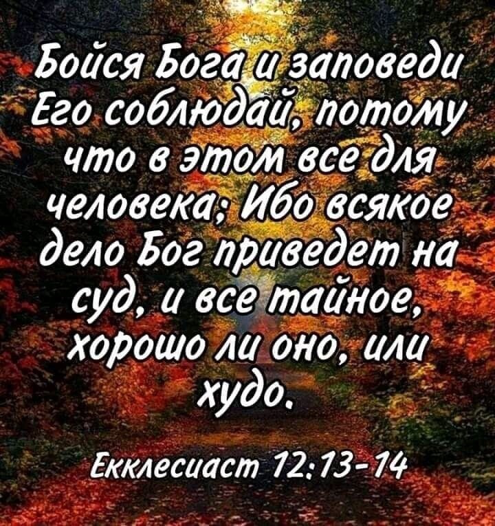 Боася Богу аздловедт Его соблюдаарлотому что в этомвседл3_ человека Ибо всякое дело Боё риведет на суд а все таиНое хорошо ли оно или худо _ ё Екклесиаст 72 7374