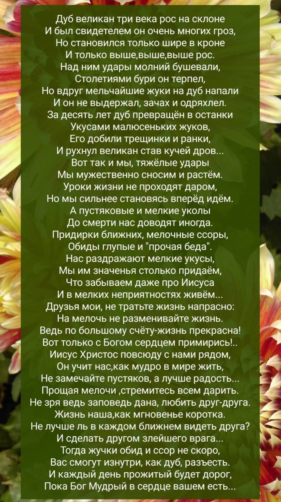 Дуб великан три века рос на склоне И был свидетелем он очень многих гроз Но становился только шире в кроне И только вышевышевыше рос Над ним удары молний бушевали Столетиями бури он терпел Но вдруг мельчайшие жуки на дуб напали И он не выдержал зачах и одряхлел За десять лет дуб превращён в останки Укусами мапюсеньких жуков Его добили трещинки и ранки И рухнул великан став кучей дров Вот так и мы 