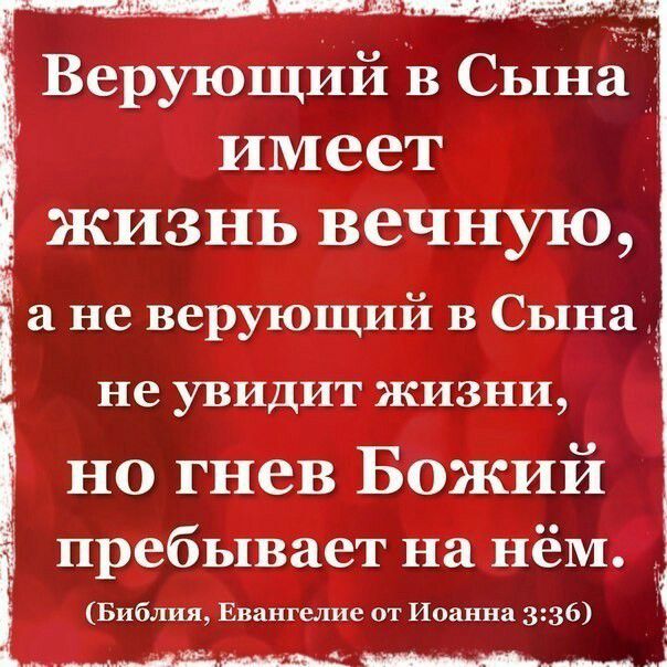 Верующий в Сына имеет ЖИЗНЬ вечную а не верующий в Сына не УВИДИТ ЖИЗНИ но гнев Божий пребывает на нём Библия Евангелие от Иоанна 336 1 __ ___ Ш
