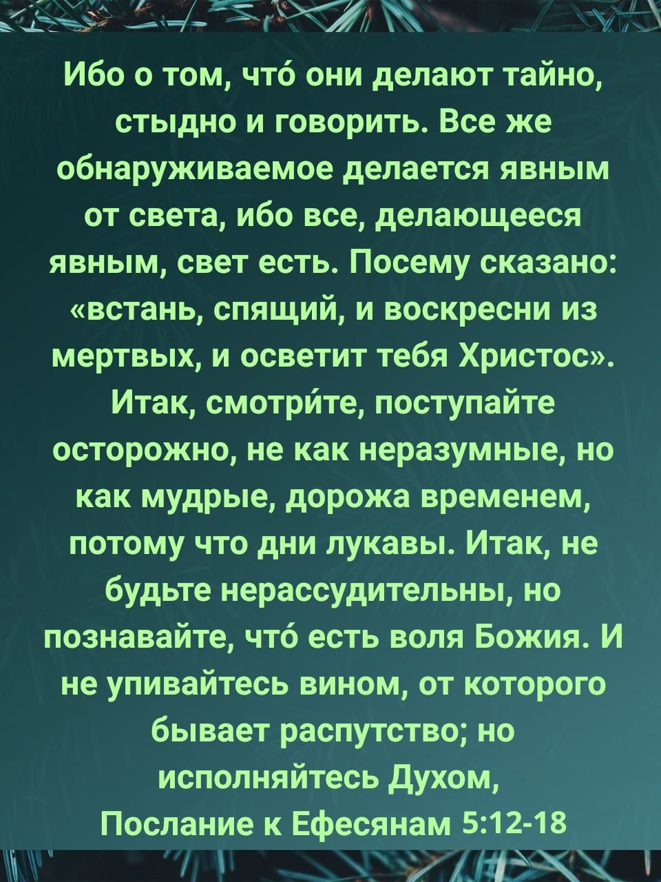 даж Ибо о том что они делают тайно стыдно и говорить Все же обнаруживаемое делается явным от света ибо все делающееся явным свет есть Посему сказано встань спящий и воскресни из мертвых и осветит тебя Христос Итак смотрйте поступайте осторожно не как неразумные но как мудрые дорожа временем потому что дни лукавы Итак не будьте нерассудительньі о _ Ф познавайте что есть воля Божия ИЭ не упивайтесь 