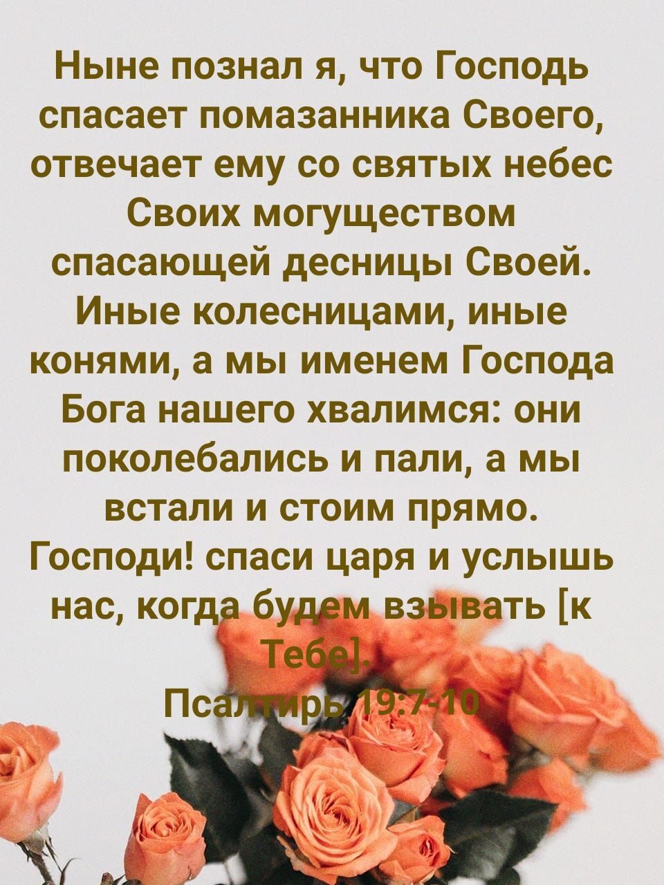 Ныне познал я что Господь спасает помазанника Своего отвечает ему со святых небес Своих могуществом спасающей десницы Своей Иные колесницами иные конями а мы именем Господа Бога нашего хвалимся они поколебались и пали а мы встали и стоим прямо Господи спаси царя и услышь нас когда будем взывать к