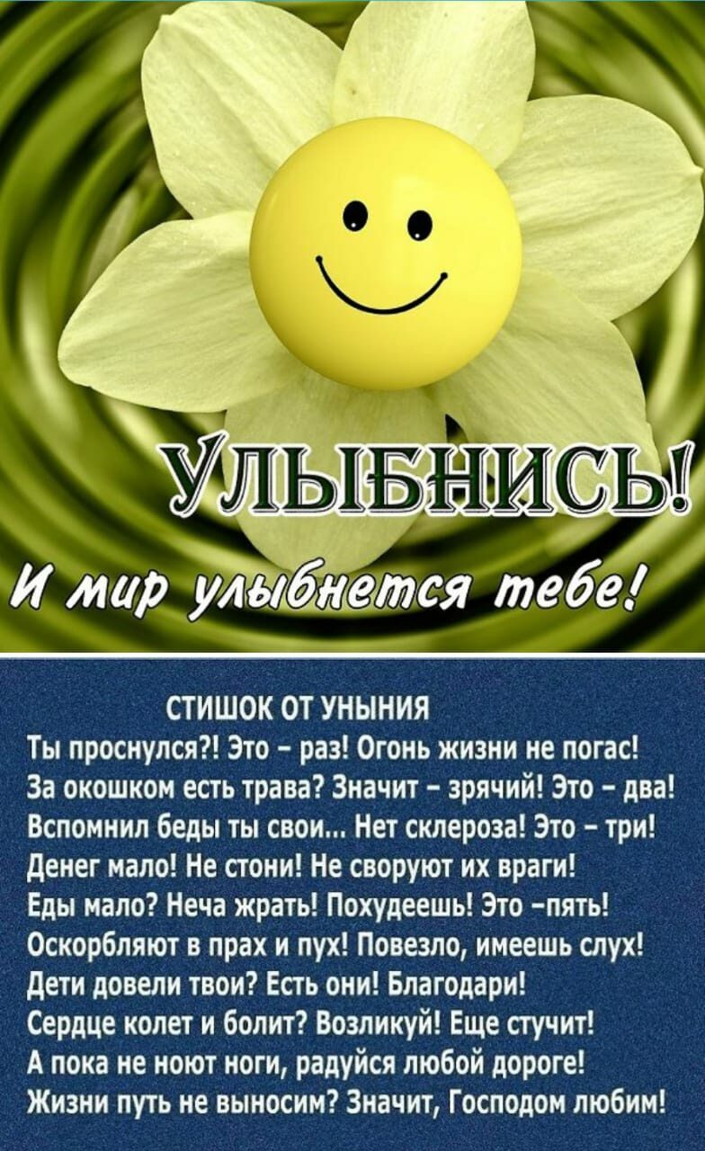 И мир улдбнется тебе стишок ОТ УНЫНИЯ Ты проснулся Это раз Огонь жйзни не погас _ За окошком есть траве Значит зрячий Это два _ вспомнил беды ты свои Нет склероза Это три денег надо Не стони Не своруют их враги Еды мало Неча Жрать Похудеещь Это пять _ _ Оскорблягот в прах и пух Повезло имеешь слух дети довели твои Есть они Благодари Сердце колет и болит Возликуй Еще стучит А пока не _ноют ноги рад