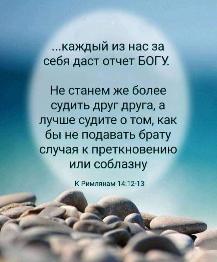 каждый из нас за себя даст отчет БОГУ Не станем же более СУдИТЬ дРУг дРУГа а лучше судите о том как бы не подавать брату случая к преткновению или соблазну К Римлянам 1412 13