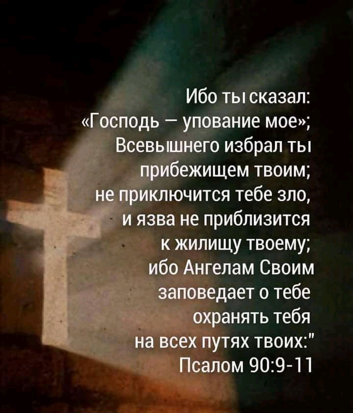 Ибо ты сказал Господь упование мое Всевышнего избрал ты прибежищем твоим не приключится тебе зло и язва не приблизится к жилищу твоему ибо Ангелам Своим заповедает о тебе охранять тебя на всех путях твоих Псалом 909 11