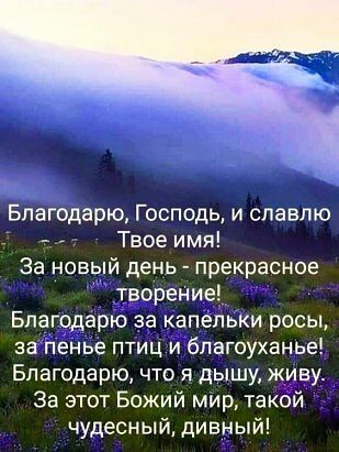 Благодарю Господь и славлю Твое имя За новый день прекрасное творение Благодарю за капельки росы аапенье птиц и благоуханье Благодарю что я дышу живу За этот Божий мир такой чудесный дивный