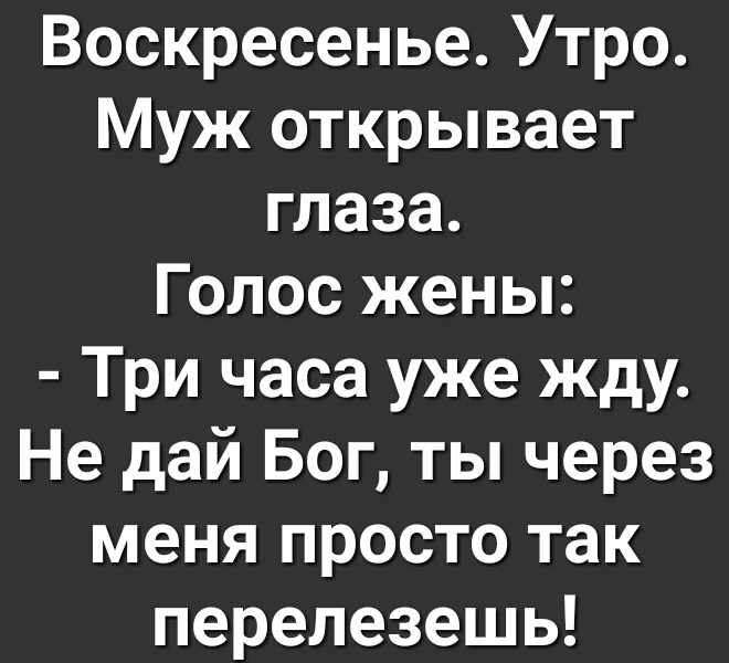 Воскресенье Утро Муж открывает глаза Голос жены Три часа уже жду Не дай Бог ты через меня просто так перепезешь