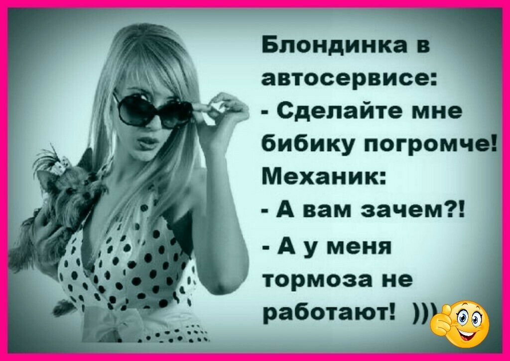 Блондинка в автосервисе Сделайте мне бибику погромче Механик А вам зачем А у меня тормоза не работают