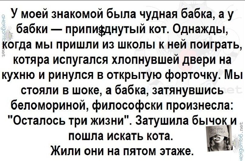 У моей знакомой была чудная бабка а у _ бабки припицнутый кот Однажды когда мы пришли из школы к ней поиграть котяра испугался хлопнувшей двери на кухню и ринулся в открытую форточку Мы стояли в шоке а бабка затянувшись беломориной философски произнесла Осталось три жизни Затушила бычои пошла искать кота ЁЪИ Жили они на пятом этаже