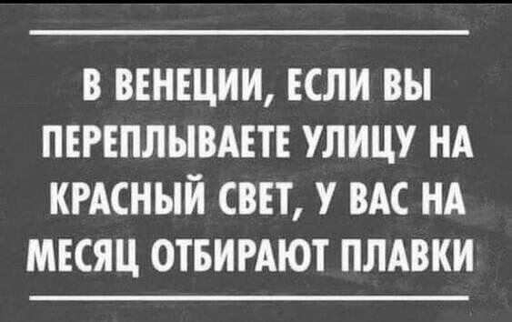 В ВЕНЕЦНИ ЕСЛИ ВЫ ПЕРЕПЛЫВАЕТЕ УЛИЦУ НА КРАСНЫЙ СВЕТ У ВАС НА МЕСЯЦ ОТБИРАЮТ ПЛАВКИ